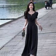 皮爾卡丹（pierrecardin）2025夏季新款純色氣質(zhì)時(shí)尚感收腰顯瘦赫本風(fēng)連衣裙D1467 黑色 2XL 130-145斤