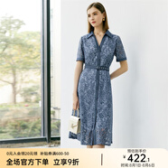 顏域（YANYEE）短袖夏季連衣裙女2024新款輕熟風(fēng)收腰顯瘦勾花鏤空蕾絲襯衫裙 藍色 M/38