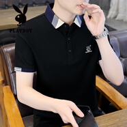 花花公子2025夏季新款男士短袖t恤潮流翻領(lǐng)POLO衫男裝帶領(lǐng)冰絲體恤上衣服 213黑色 XL 175