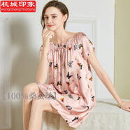 杭城印象新品100%桑蠶絲睡裙女士夏季真絲睡衣女短袖大碼薄款絲綢家居服女 蝶戀花 均碼 （90-168斤）