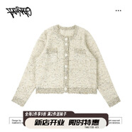 FAIRFAFO林肉肉【精致小香毛衣開(kāi)衫】長(cháng)毛衣開(kāi)衫蕾絲碎花 花白杏 S (衣長(cháng)50體重80-100)