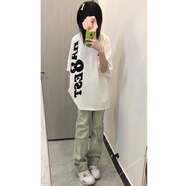 另一半美式短袖套裝女夏季寬松純棉T恤牛仔褲兩件套國潮中性風(fēng)炸街穿搭 單:白短袖(高品質(zhì)) S 均碼