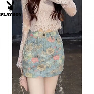 花花公子（PLAYBOY）復(fù)古做舊玫瑰花牛仔短裙女2025夏季流行高腰顯瘦氣質(zhì)百搭包臀裙子 花色 XL