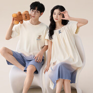 頌感睡衣女士夏季純棉睡裙連衣裙春秋情侶套裝男士夏天家居服短袖薄款 T19220 M 女碼（建議80-100斤）