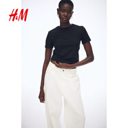 H&M女裝T恤2025夏季新款洋氣淺夏季系圓領(lǐng)簡(jiǎn)約修身短袖上衣1260200 黑色 L 170/104