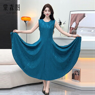 蒙森圖摩登舞交誼舞大擺連衣裙夏季圓領(lǐng)無(wú)袖提花廣場(chǎng)舞裙子媽媽裝大碼顯 藍色 XL 95-115斤