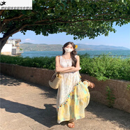 創(chuàng)京懿選波西米亞海邊度假連衣長(zhǎng)裙女夏不規(guī)則吊帶民族風(fēng)多巴胺明媚度假裙 黃花半身裙 S