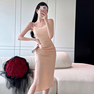 MOKITOUL國際高級感輕奢女裝洋氣吊帶連衣裙設計感褶皺收腰顯瘦生日小禮服 肉粉色 S