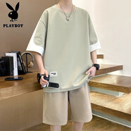 花花公子短袖短褲套裝男2025夏季新款青少年寬松日系拼接大碼撞色套裝男款 15淺綠 5XL 【建議210-230斤】