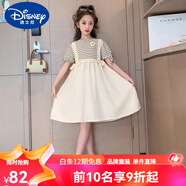 迪士尼（Disney）女童夏季裙子2025新款中大童兒童洋氣短袖蝴蝶結紗裙公主裙連衣裙 小黑米&條文小花連衣裙奶色 140 cm