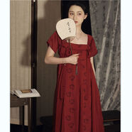 藝枼（YIYERED）藝枼喵吉復(fù)古國風(fēng)新中式中長款改良漢服小個子漢元素紅色連衣裙女 復(fù)古紅現(xiàn)貨 S