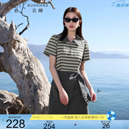 三彩大碼女裝2025夏季新款假兩件翻領(lǐng)連衣裙短袖學(xué)院風(fēng)條紋胖MM