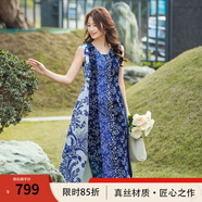 生活在左2025夏秋新款100%棉傳統(tǒng)藍印花布連衣裙女 花色 M