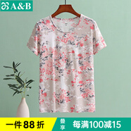 AB母親節(jié)女短袖中老年純棉舒適印花上衣透氣圓領(lǐng)寬松打底衫家居服 紅牡丹 XL
