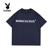 花花公子（PLAYBOY）短袖T恤男純棉休閑百搭落肩袖打底衫男女運(yùn)動(dòng)簡(jiǎn)潔上衣時(shí)尚體恤潮 深藍(lán)色 L