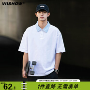viishow翻領(lǐng)夏季新款大碼男裝拼色百搭POLO領(lǐng)短袖T恤寬松休閑情侶上衣 白色 4XL