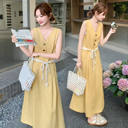 溫柔風V領無袖連衣裙女2025夏收腰顯瘦A字長裙SX3150 黃色 M 90-105斤