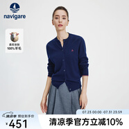 Navigare意大利小帆船毛衣外套女士秋冬款純羊毛圓領(lǐng)羊毛衫氣質(zhì)針織開衫 藏青 M