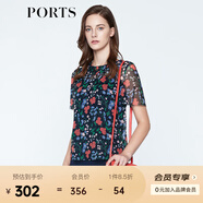 PORTS寶姿 新品商場同款女裝 夏季新品紅花藍(lán)屋荷葉邊領(lǐng)上衣 丈青印花 XS (2)
