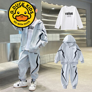 G.DUCKKIDS品牌童裝男童冬裝加絨套裝中大童冬款衛(wèi)衣三件套新款兒童加厚馬甲 閃電帽衫 灰色三件套春秋款 常規(guī) 外套+T恤+褲子 130