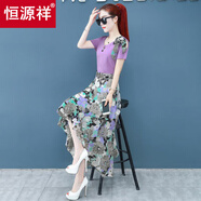 恒源祥中年雪紡連衣裙不規(guī)則2025新款夏季女韓版潮收腰短袖碎花顯瘦裙子 紫色 3XL