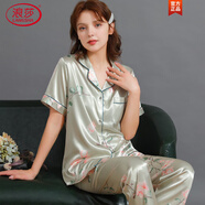 浪莎（LangSha）輕奢高檔高端冰.絲睡衣女夏季短袖長(cháng)褲品牌套裝夏天薄款開(kāi)衫 綠底紅花5644 M (90-108斤)