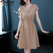 啄木鳥（TUCANO）棉麻中長款v領(lǐng)連衣裙女2025春夏新款大尺碼胖m妹松緊腰顯瘦短袖裙 卡其 M 【建議105斤以下】