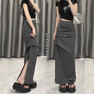 巧丂深灰色工裝半身裙女高腰夏季大碼胖mm遮肚顯瘦開(kāi)叉中長(cháng)款包臀裙子 灰色 L