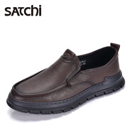 沙馳（SATCHI）男鞋新款真皮一腳蹬商務(wù)休閑皮鞋牛皮輕便通勤軟底厚底樂福鞋 棕色 38