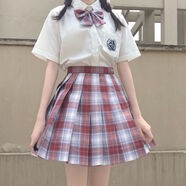 女裝大佬套裝偽娘大碼半身裙日系蘿莉?qū)W生jk短裙男格子變裝百褶裙 白短袖刺繡襯衫金魚姬格-61
