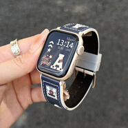 學(xué)長(zhǎng)家美式學(xué)院風(fēng)適用iwatchs10手表帶創(chuàng)意真皮質(zhì)s9表帶新款蘋果s8手表s7皮革s6男女生applewatch5高級(jí)感 美式真皮-深藍(lán)色 適用：iwatch series10【42mm】