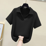 冉藝嵐同款品牌折扣女裝剪標專(zhuān)柜撤柜POLO領(lǐng)襯衫夏純棉胖妹妹短袖T恤衫 黑色純色 2XL 建議130-150斤
