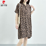皮爾卡丹（pierre cardin）2025夏裝人造棉寬松顯瘦碎花棉綢連衣裙女沙灘裙海邊度假短袖薄款 深棕色 豹紋 2XL 適合100-125斤