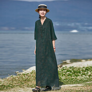 吉祥羽兒【風(fēng)之語(yǔ)】吉祥羽兒原創(chuàng  )斜紋噴繪香云紗拼歐根紗A字連衣裙送腰封 黑綠色 S