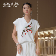 云思木想Ysimo-X摩登國(guó)風(fēng)2025夏季軟滑60支落肩袖刺繡T恤女12913 白色 M