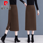 皮爾卡丹毛呢格子半身裙女2025新款秋冬季高腰顯瘦A字開叉中長款復(fù)古裙子 2205#咖啡色 L