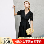 顏域短袖蕾絲連衣裙女夏裝新款鏤空時(shí)尚收腰氣質(zhì)V領(lǐng)顯瘦裙子 黑色 M/38