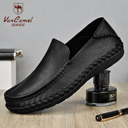 西域駱駝（VANCAMEL）旗牌公牛男鞋夏季皮鞋男真皮休閑透氣一腳蹬軟面皮軟底駕車鞋 黑色【四季款】 41