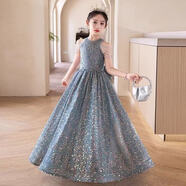 靚琪佳女童高端連衣裙女孩生日禮服公主裙蓬蓬裙花童婚紗長(cháng)裙鋼琴演出服 藍灰色肩珠長(cháng)款 100 不要買(mǎi)大 建議30-35斤