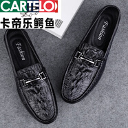卡帝樂鱷魚（CARTELO）男鞋2025新款鱷魚紋豆豆鞋男士懶人鞋一腳蹬黑色皮鞋 41 標準皮鞋碼