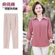 俞兆林中老年女裝夏季新款套裝女中年婦女雪紡老年人衣服兩件套媽媽夏裝 FT256 豆沙色（上衣+卡其褲子） 2XL （100-120斤）