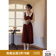 獨束大碼女裝假兩件撞色襯衫領(lǐng)連衣裙女秋冬微胖mm文藝復(fù)古穿搭裙子 勃艮第紅【適合165左右】 3XL