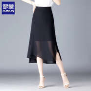 羅蒙（ROMON）開(kāi)叉雪紡裙半身長(cháng)裙女夏2025新款時(shí)尚半裙包臀中長(cháng)款不規則一步裙 黑色 2XL 125-135斤