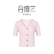 丹德蘭短款開(kāi)衫女小香風(fēng)短袖上衣V領(lǐng)純色百搭毛衣外套-2483 粉紅色 M （105-125斤）