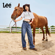 Lee【張凌赫代言】中藍(lán)色水洗428懶懶褲高腰女顯瘦寬腿牛仔褲潮流 中藍(lán)色1 24
