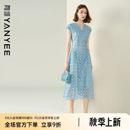顏域鏤空蕾絲連衣裙女2025夏季新款輕熟高腰顯瘦通勤減齡氣質(zhì)裙子 藍(lán)花 S
