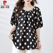 皮爾卡丹（pierre cardin）新款氣質(zhì)波點雪紡衫女夏季新款歐洲站大碼女裝黑色短袖上衣 黑色印花 L 建議116-130斤