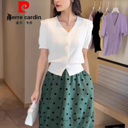 皮爾卡丹（pierre cardin）法式小香風(fēng)夏季冰絲短袖T恤女2025新款修身針織薄款開衫上衣女潮 白色今年流行的輕奢品牌 XL 116-125斤