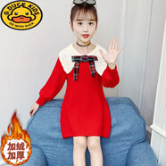 G.DUCKKIDS女童加絨連衣裙秋冬新年服裝大童連身裙洋氣小女孩中長款衛(wèi)衣裙子 紅色 130 cm適合120-130cm年齡7-8歲