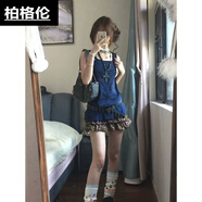 柏格倫亞文化古早甜酷韓版學(xué)院風(fēng)少女套裝涂鴉背心高腰拼接豹紋蛋糕短裙 吊帶+裙子+腰帶 M
